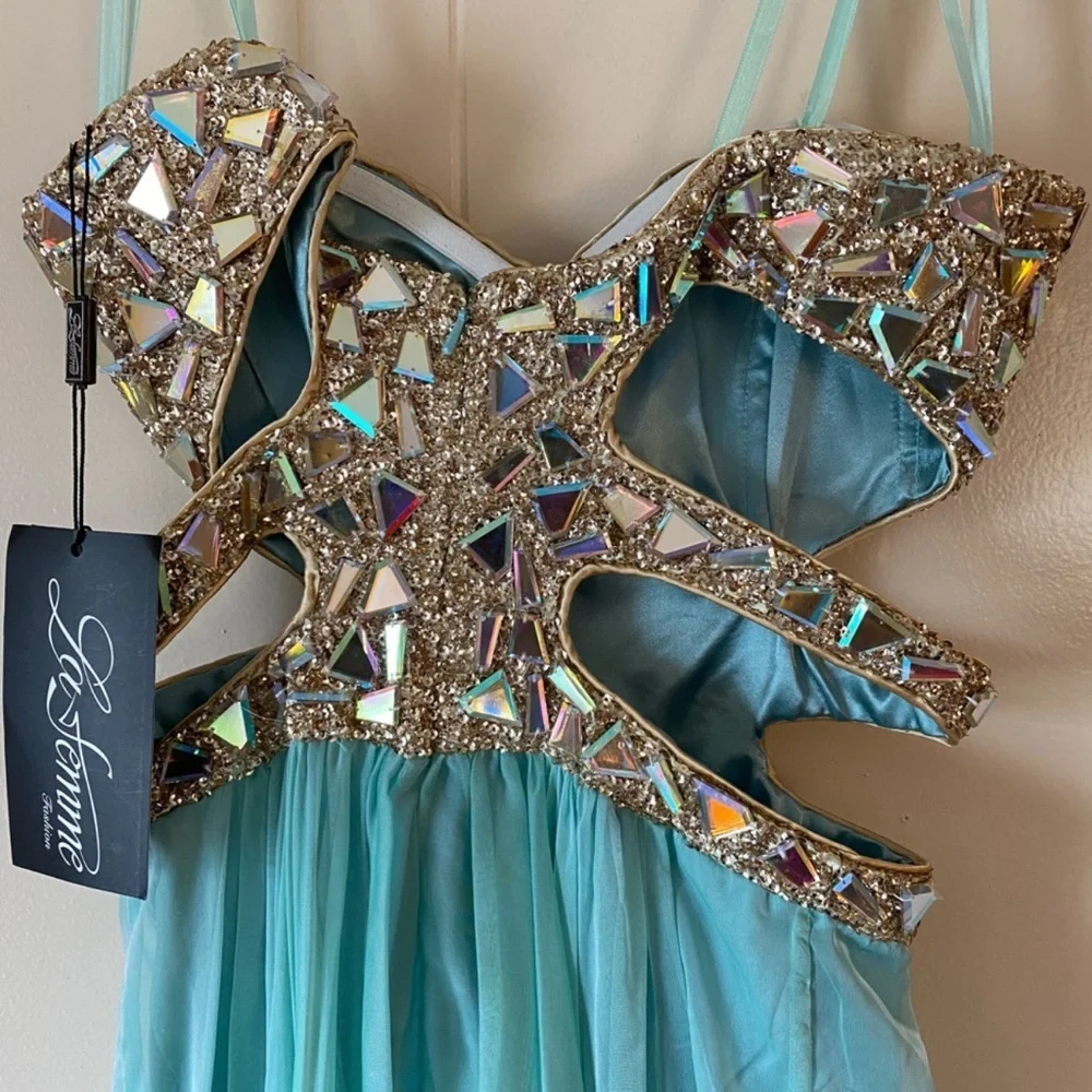 La Femme Blue Embellished Sequin & Gemstone Strapless Chiffon Dress Gown